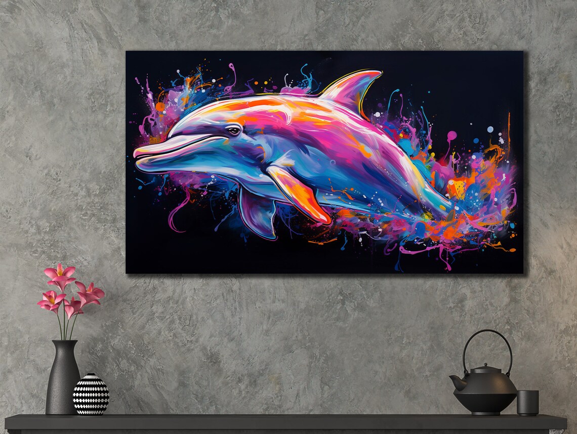 Neon Colorful Dolphin Splash Black Background Pop Art Wall Poster - Image 2