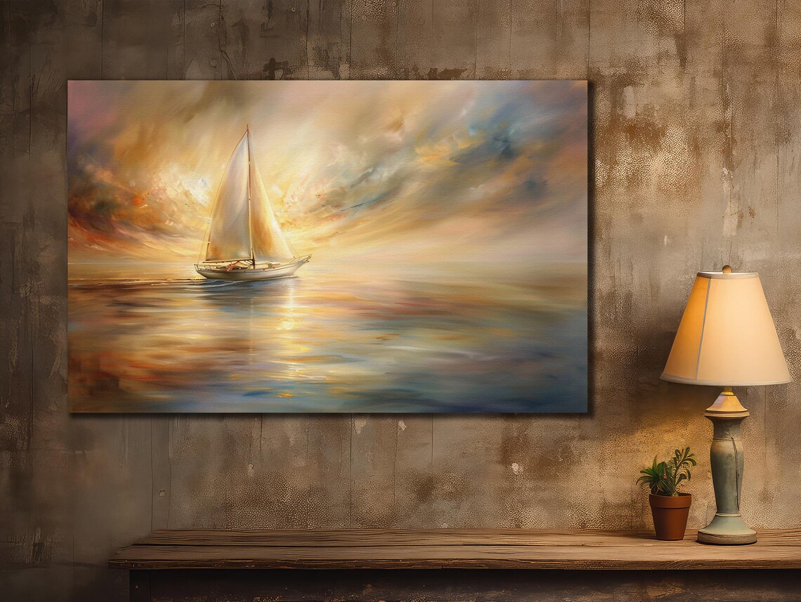 Golden Sunset Sailboat on Calm Sea Oil Painting Seascape Art Poster - Image 2