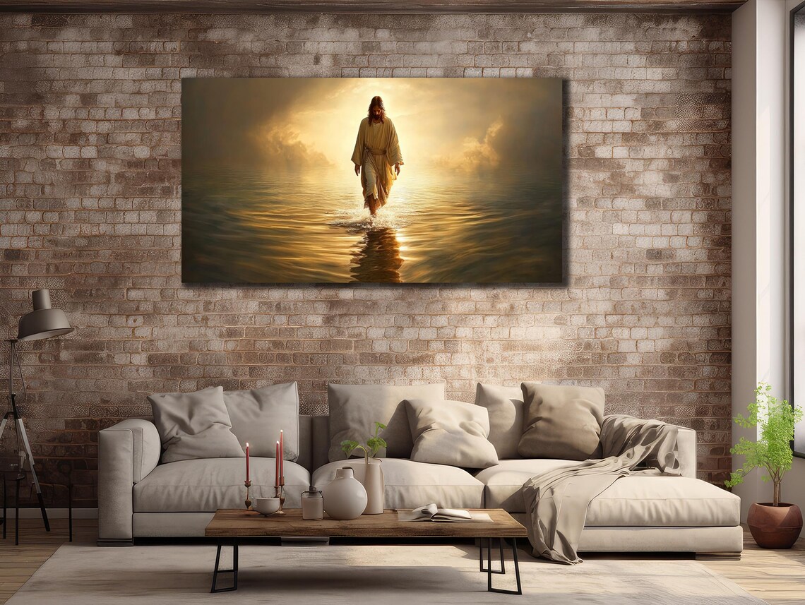 Jesus Walking On Water Golden Light Faith Spiritual Painting Poster - Image 2