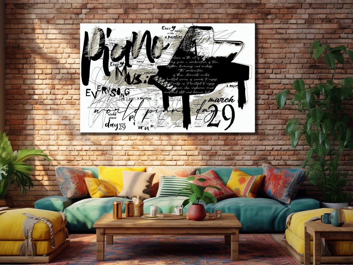 Grand Piano Music Typography Black White Graffiti Instrument Poster - Image 2