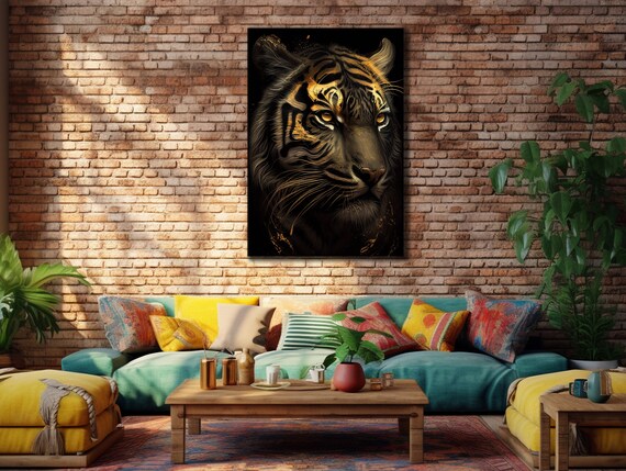 Golden Tiger Portrait on Black Background Dramatic Wildlife Wall Art Poster