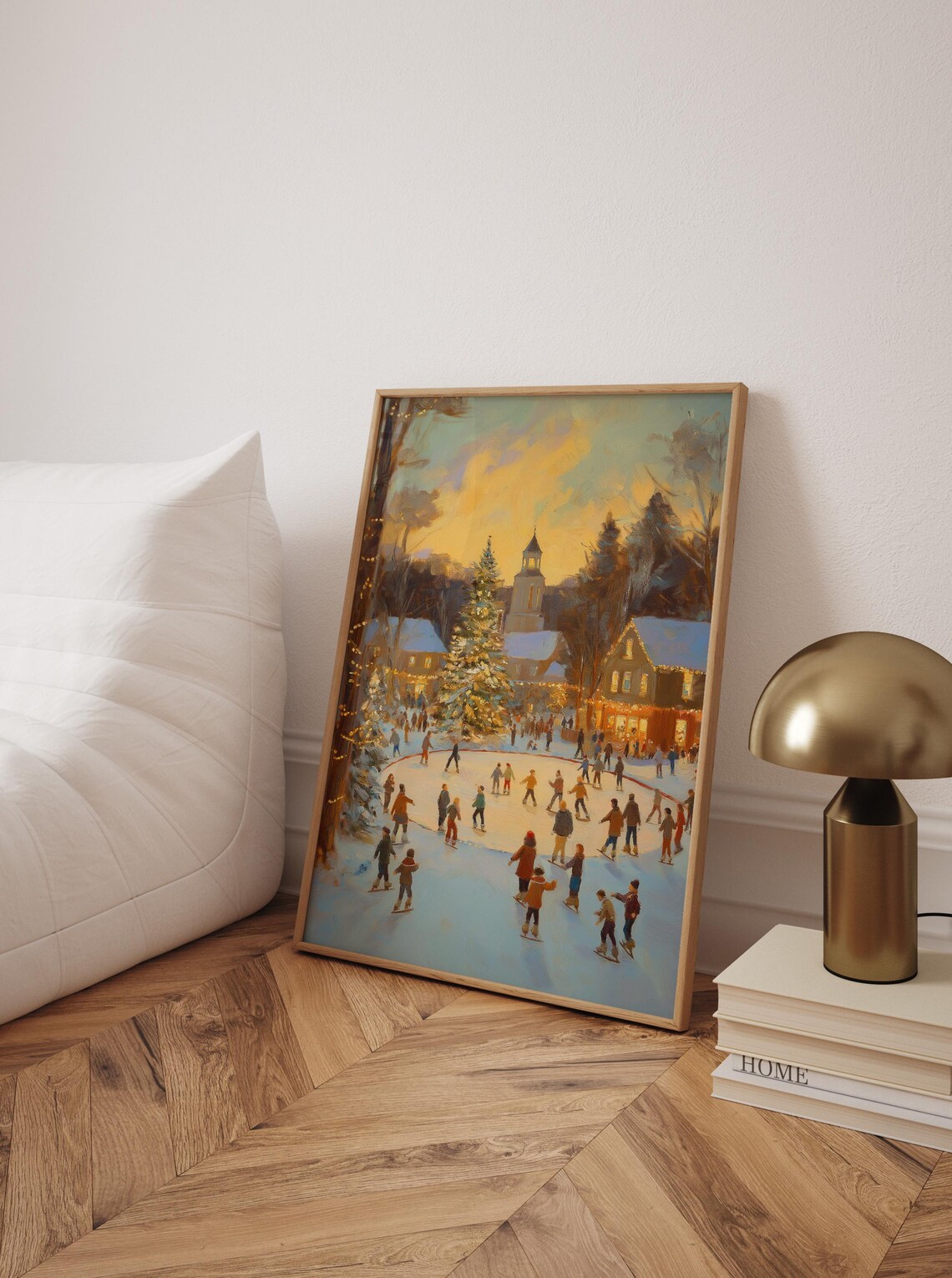 Cozy Winter Town Ice Rink Sunset Christmas Village Painting Poster