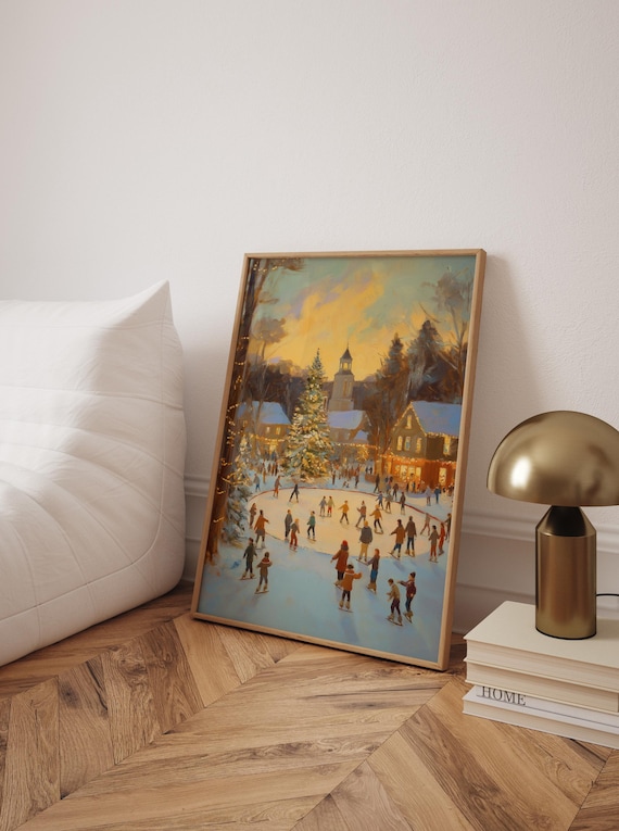Cozy Winter Town Ice Rink Sunset Christmas Village Painting Poster