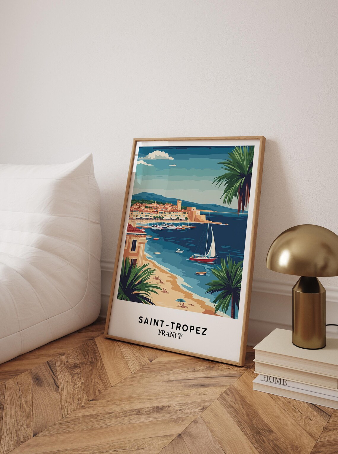 Saint-Tropez France Riviera Harbor Sailboats Palm Beach Travel Poster