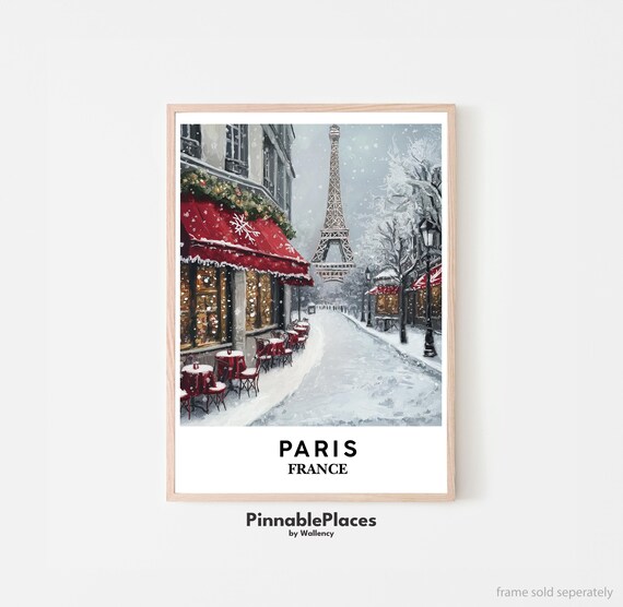 Winter Paris Eiffel Tower Christmas Bookshop Holiday Art Poster