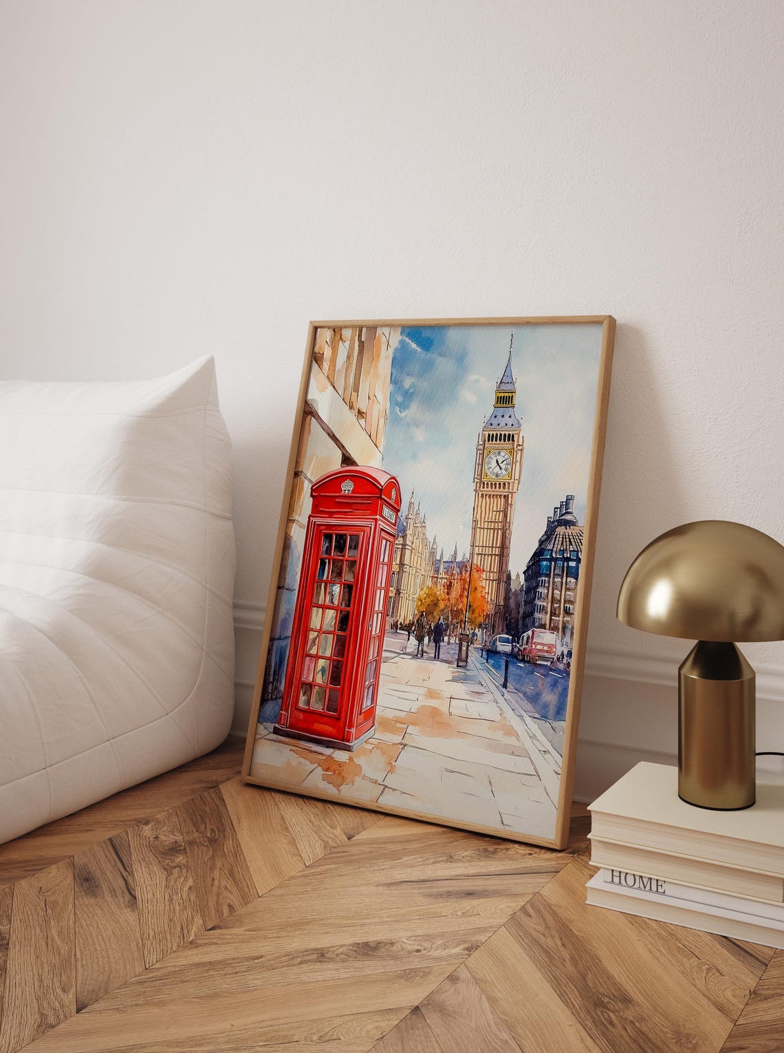 London Watercolor Poster With Big Ben Red Telephone Box And Warm Light