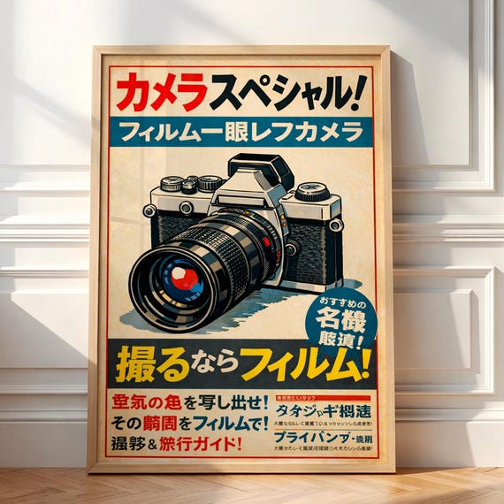 Vintage Japanese Camera Poster Retro Film Photography Wall Art Mid Century Modern Style Print For Studio Decor Aesthetic Photo Gift