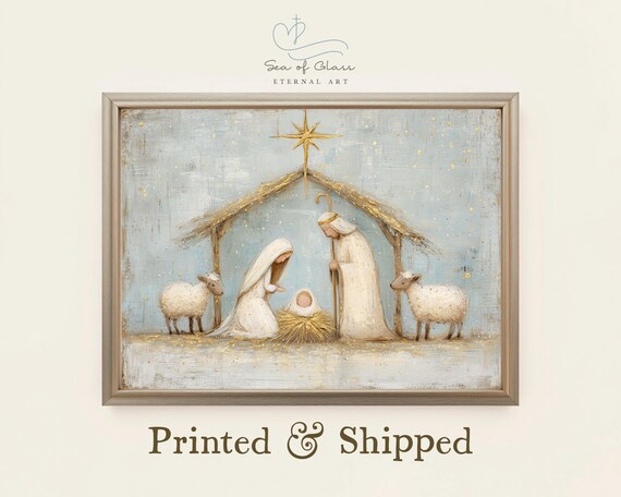 Rustic White and Gold Nativity Scene Holy Family Christmas Poster
