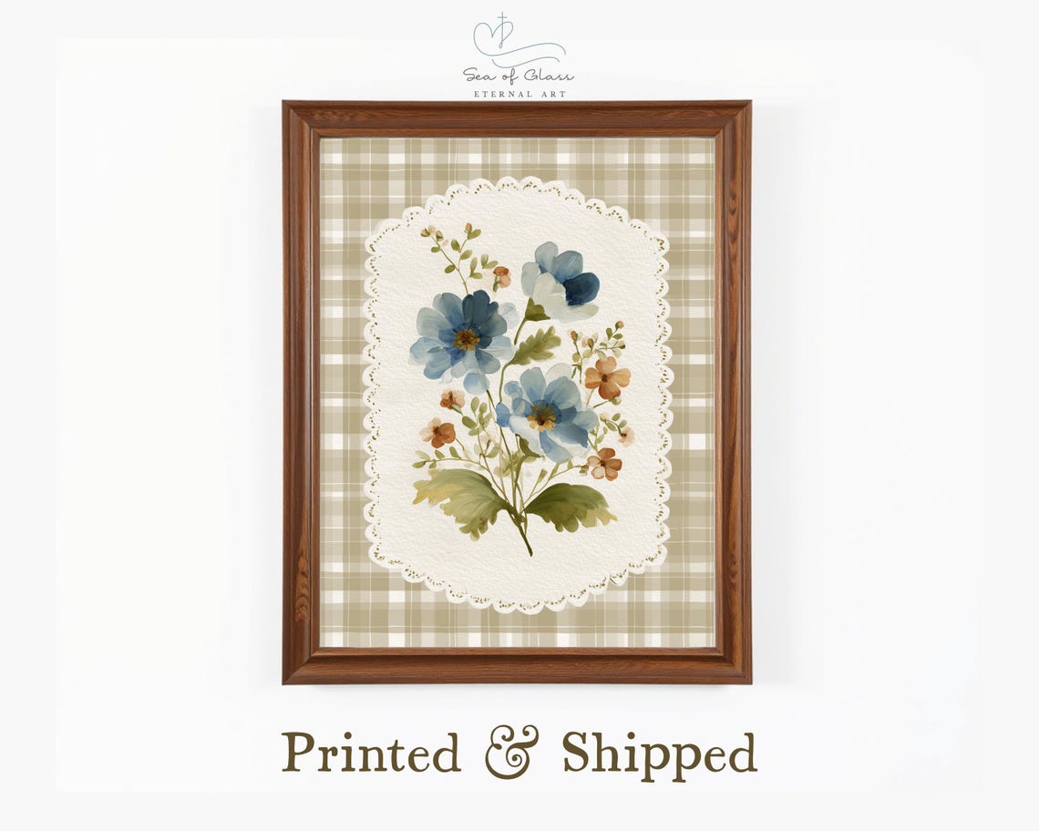 Floral Gingham Print Vintage Botanical Farmhouse Wall Art