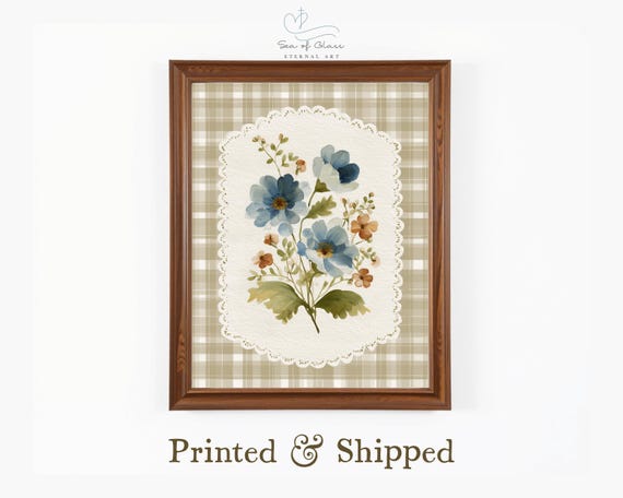 Floral Gingham Print Vintage Botanical Farmhouse Wall Art