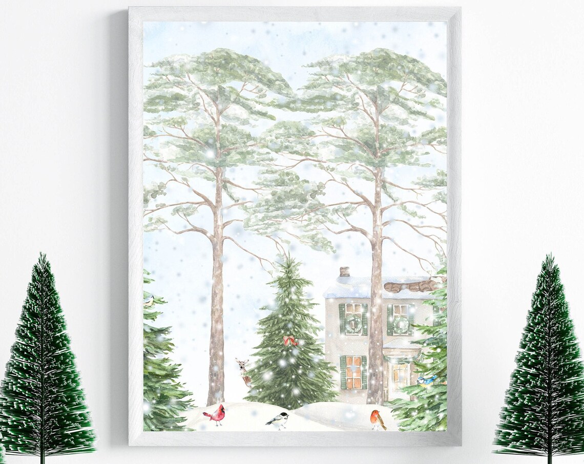 Snowy Woodland Winter Birds and Cozy Cottage Scene Holiday Poster - Image 2