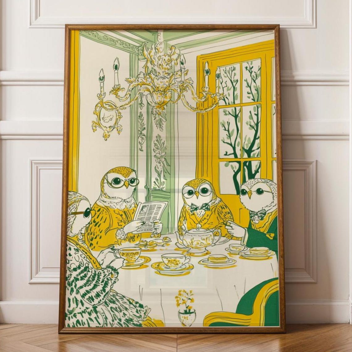 Charming Owls Victorian Tea Party Whimsical Bird Illustration Poster