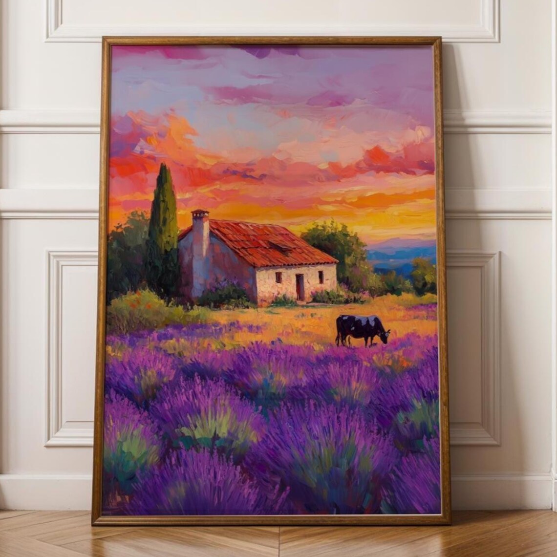 Lavender Field Stone Cottage Cow Sunset Purple Countryside Print