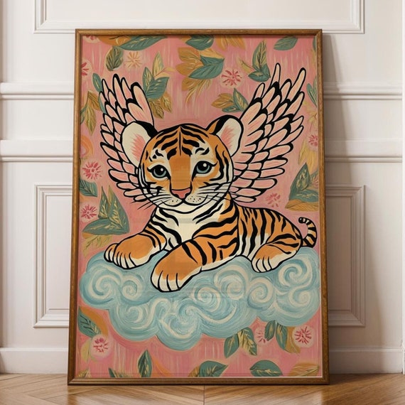 Winged Tiger Wall Art Whimsical Pink Nursery Decor And Blue Angelic Kids Room Baby