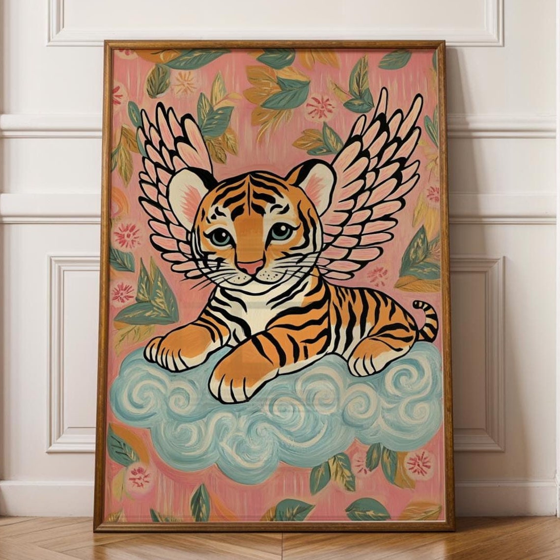 Winged Tiger Cub on Cloud Whimsical Pink Nursery Animal Art Poster