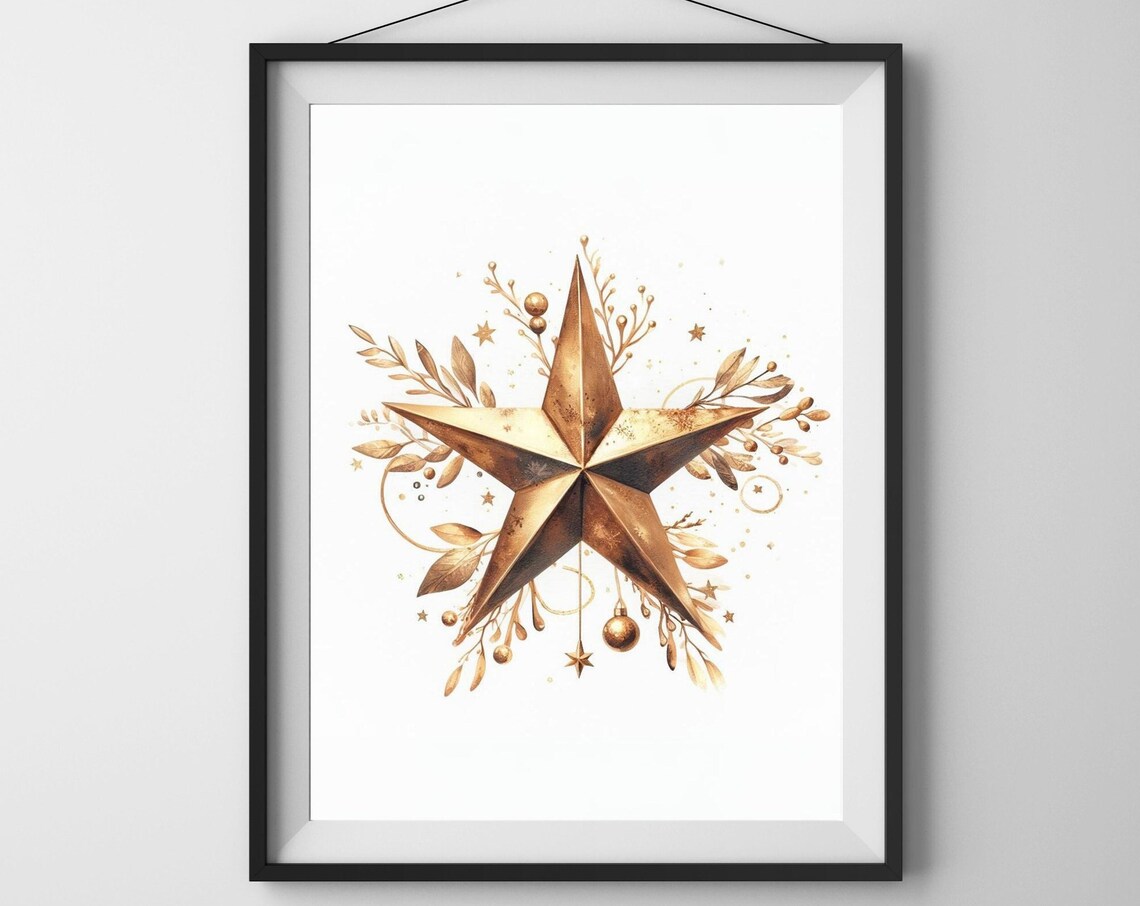 Bronze Gold Star Christmas Ornament Watercolor Holiday Wall Poster - Image 2