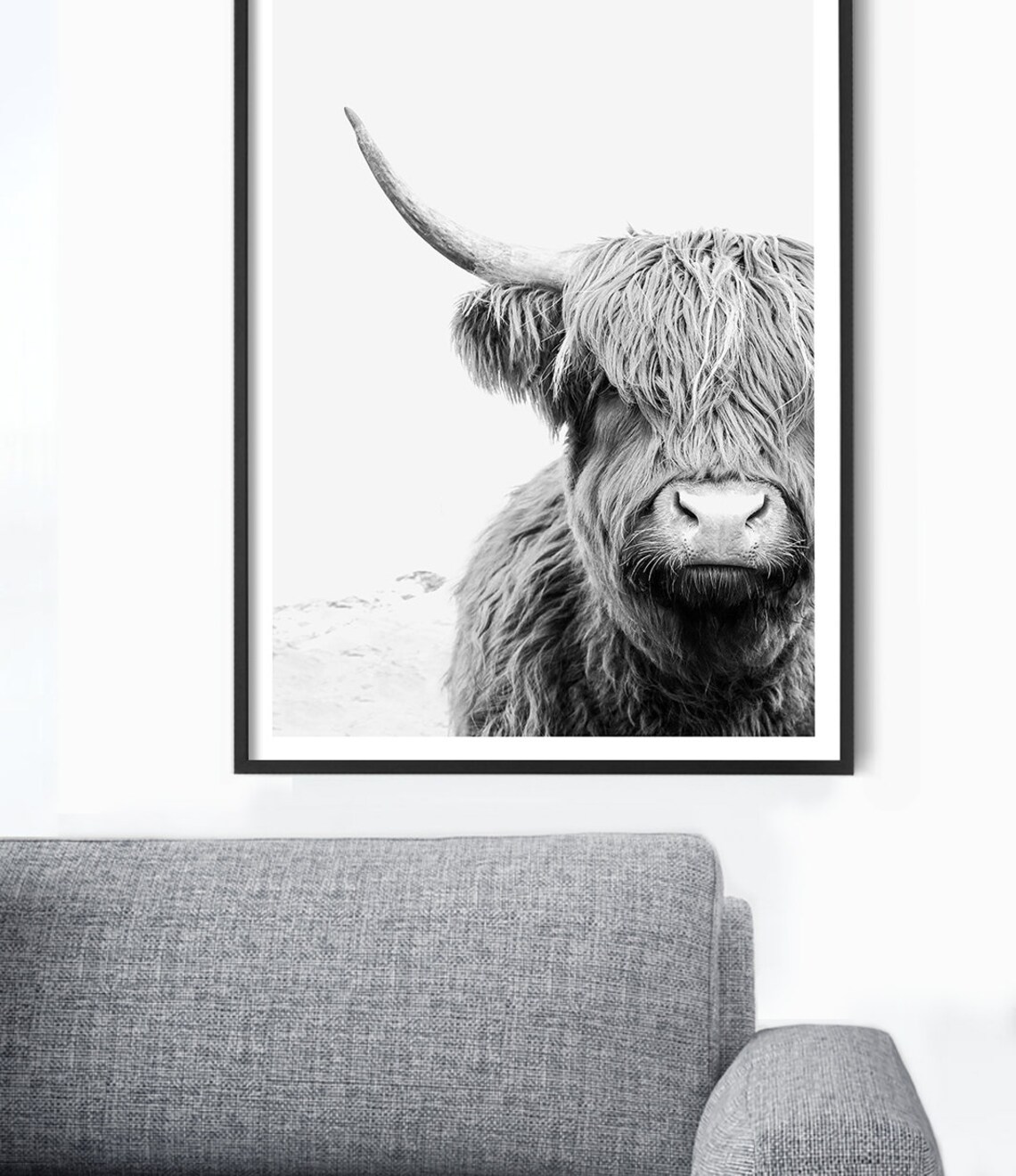 Highland Cow Black and White Art Print, Living Room - Image 3