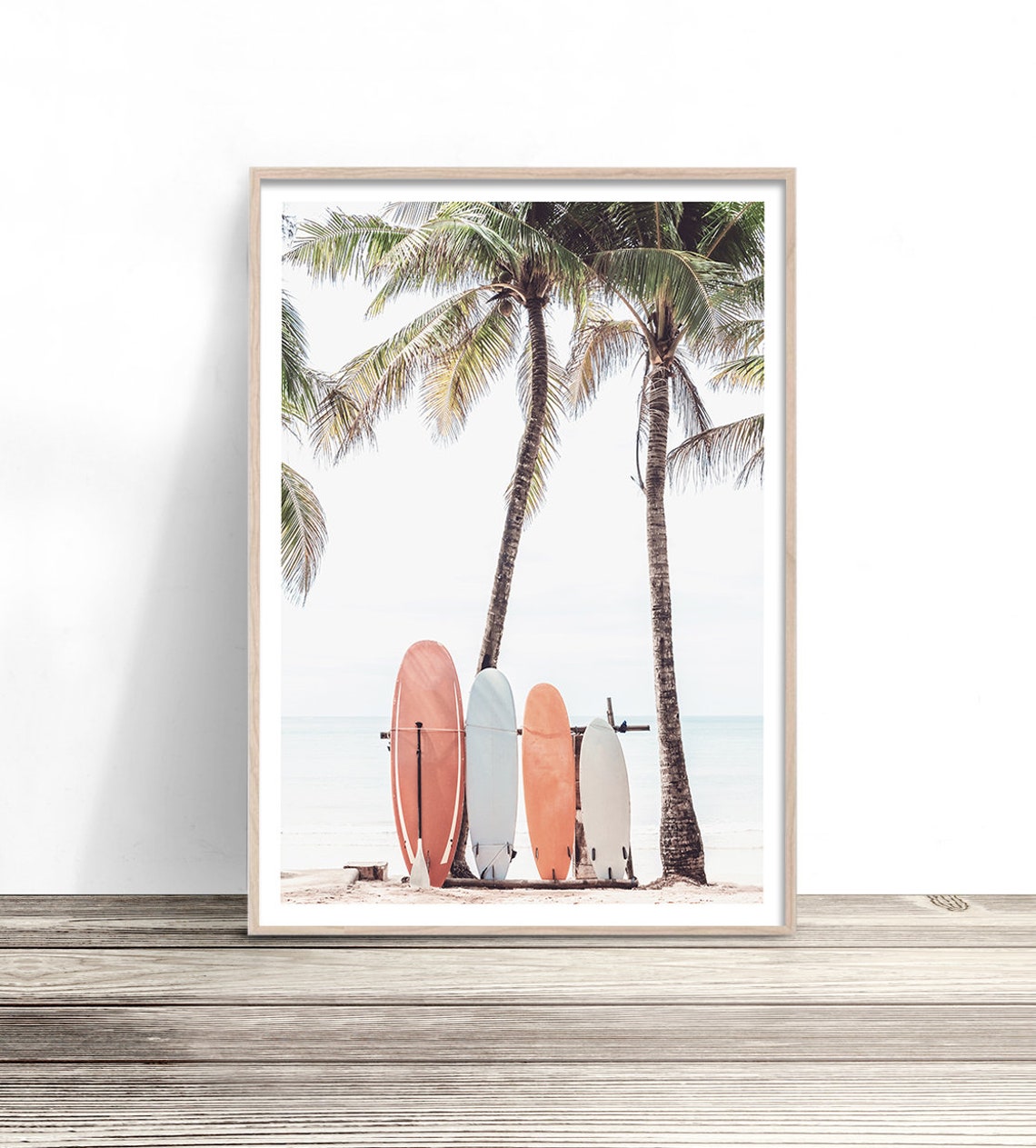 Pastel Surfboards Leaning On Palm Tree Tropical Beach Surf Poster