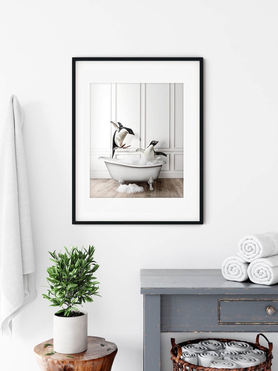 Adorable Penguins In Tub Bathroom Art Print