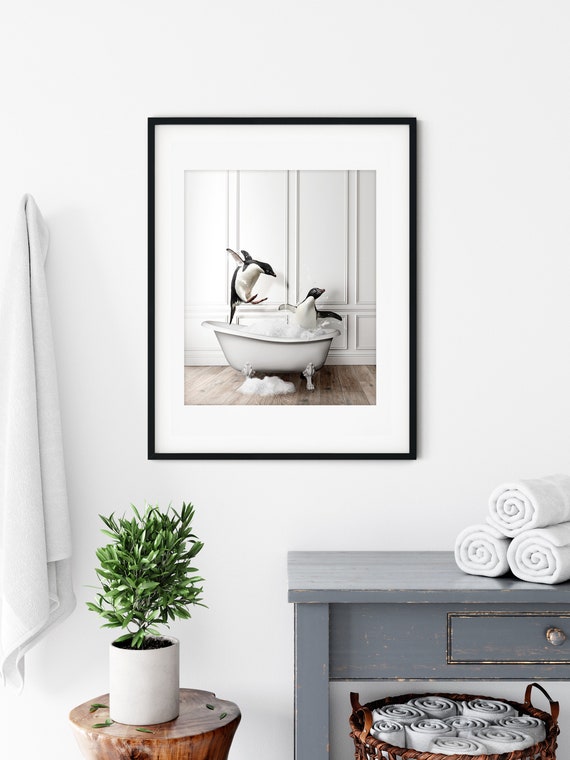 Adorable Penguins In Tub Bathroom Art Print