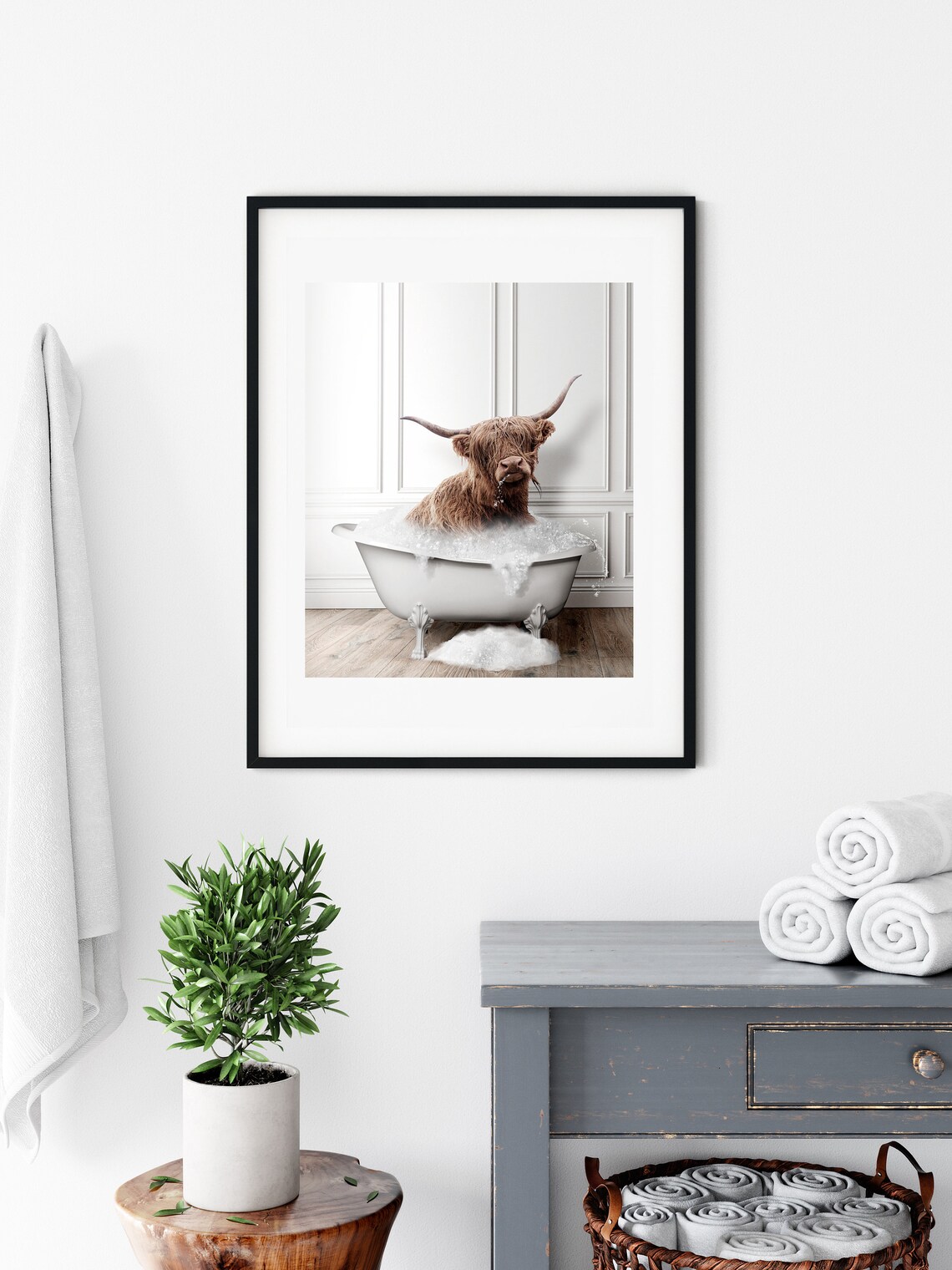 Highland Cow In Tub Bathroom Decor Wall Art Print