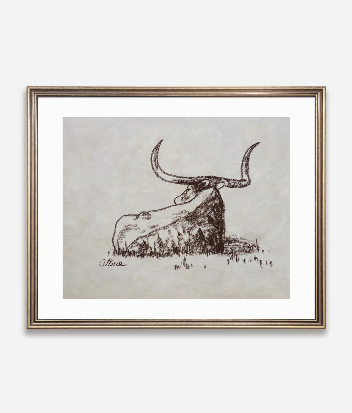 Resting Texas Longhorn Charcoal Sketch Western Ranch Decor Poster - Image 2