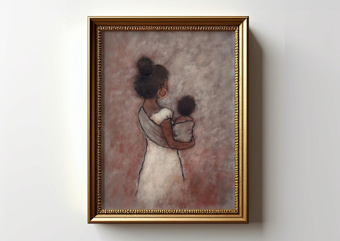 Black Mother and Baby Watercolor Painting Nursery Decor Poster