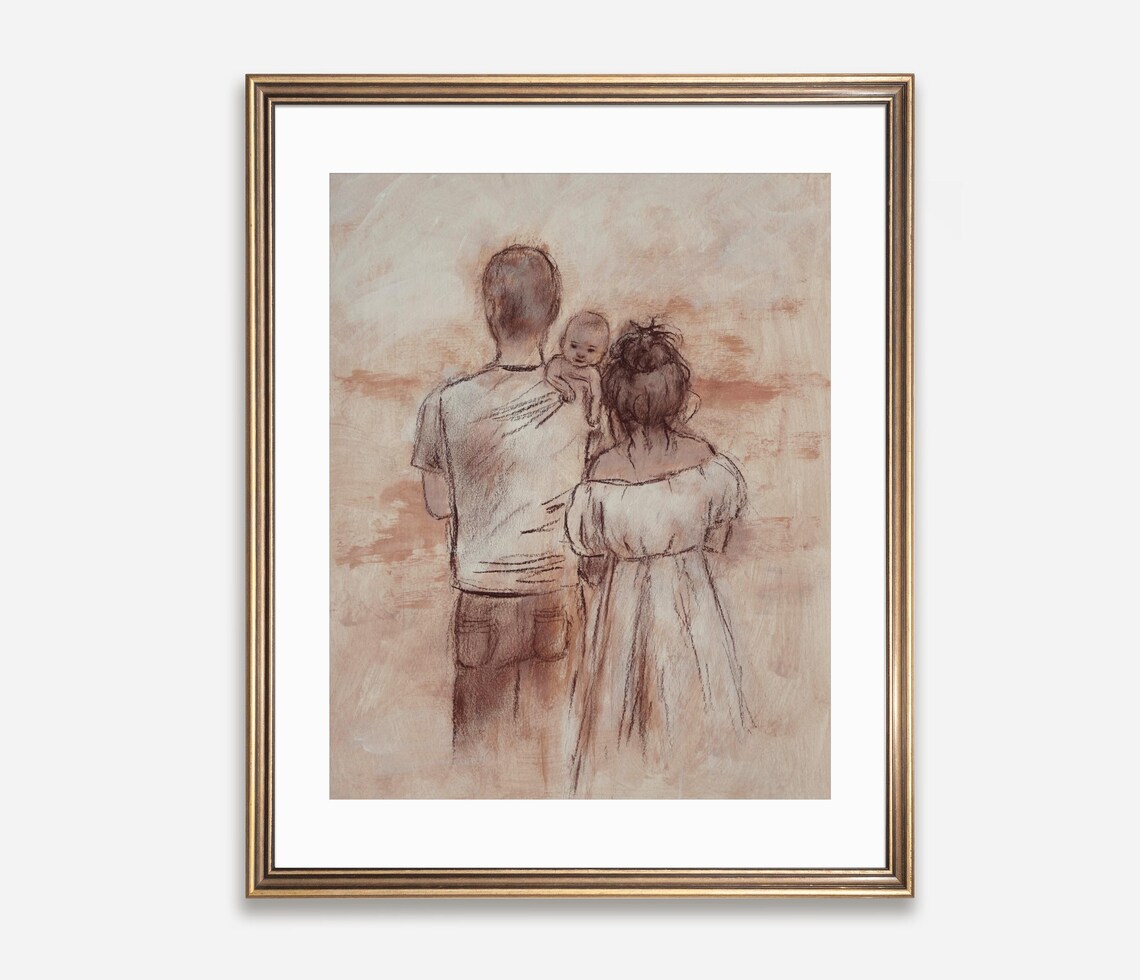 Parents with Baby Watercolor Sketch Family Love Neutral Art Poster - Image 2
