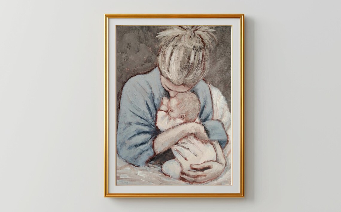 Mother Kissing Newborn Baby Tender Watercolor Nursery Wall Poster