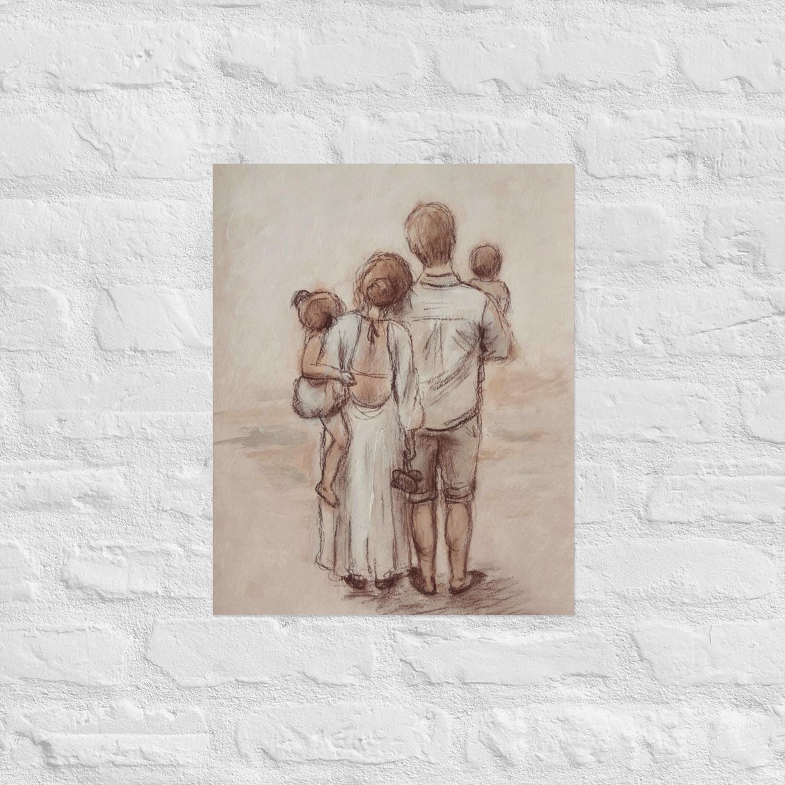 Family of Four Walking Away Parents Carrying Kids Sketch Poster - Image 3