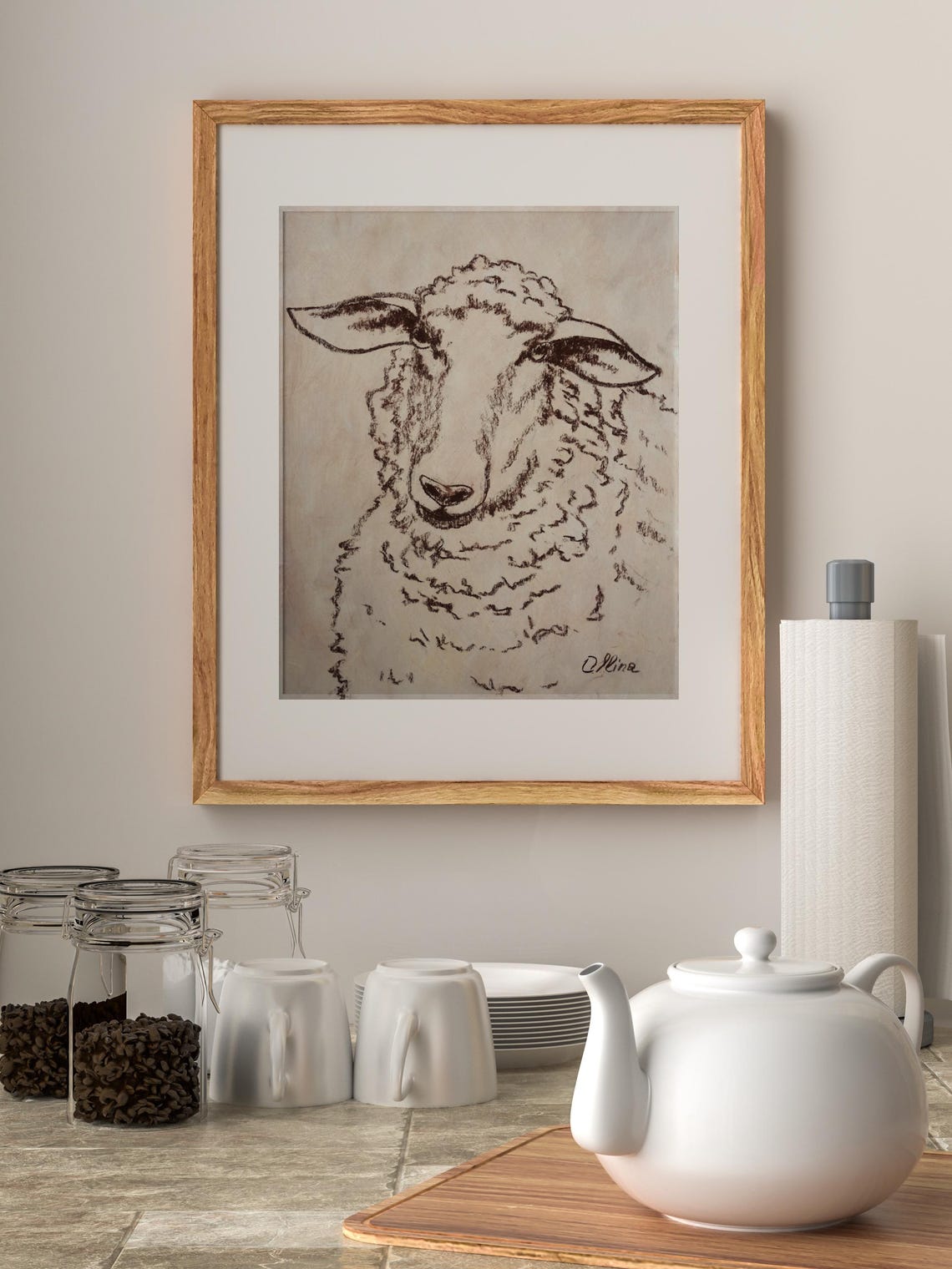 Sheep Portrait Ink Sketch Poster Gentle Farm Animal Artwork Decor - Image 2