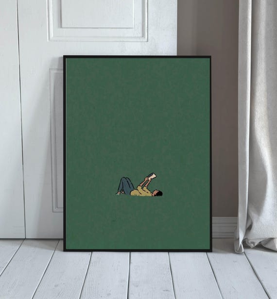 Reading On Grass, Green Minimalist Literary Artwork