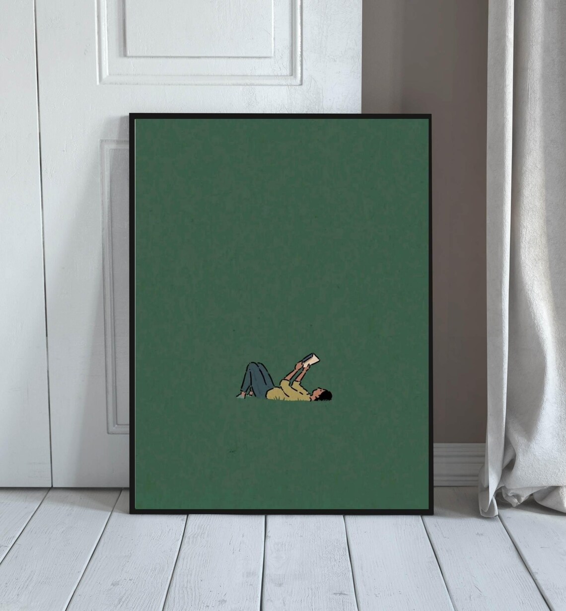 Reading On Grass, Green Minimalist Literary Artwork