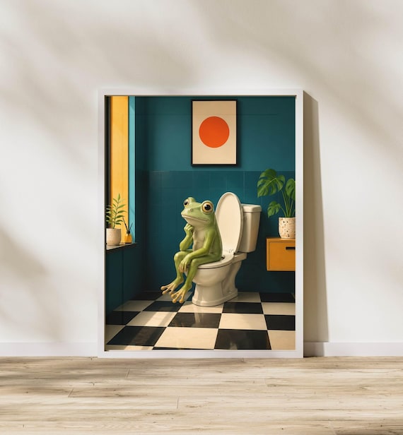 Funny Bathroom Wall Art Print Frog On Toilet Whimsical Poster Modern Decor Quirky Animal Artwork