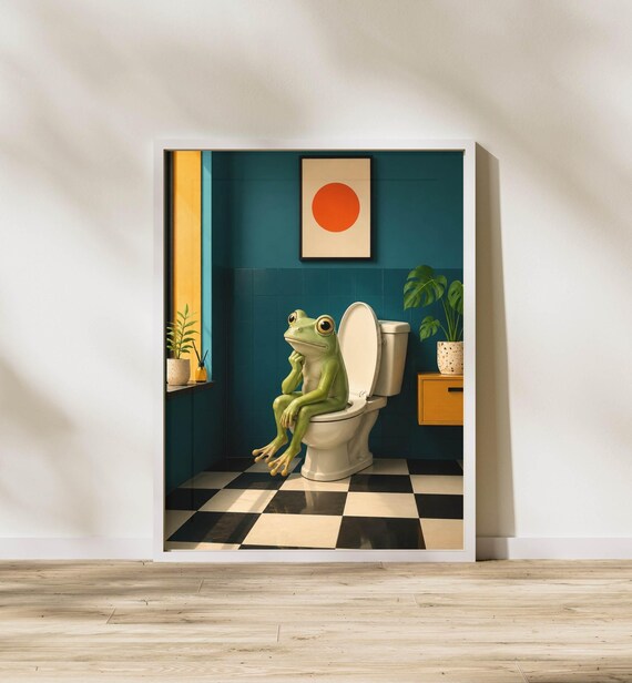 Funny Frog Sitting On A Toilet In A Stylish Teal Bathroom Poster