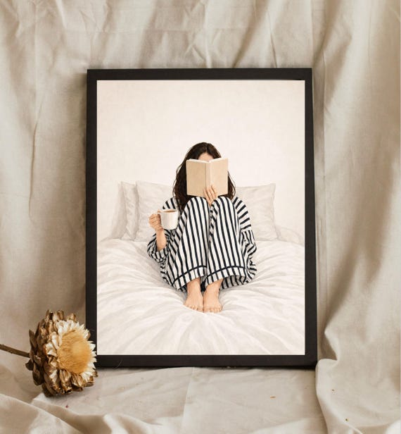 Girl Reading In Bed, Minimalist Poster Print