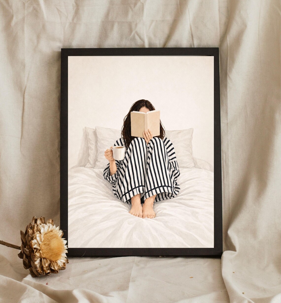 Girl Reading In Bed, Minimalist Poster Print