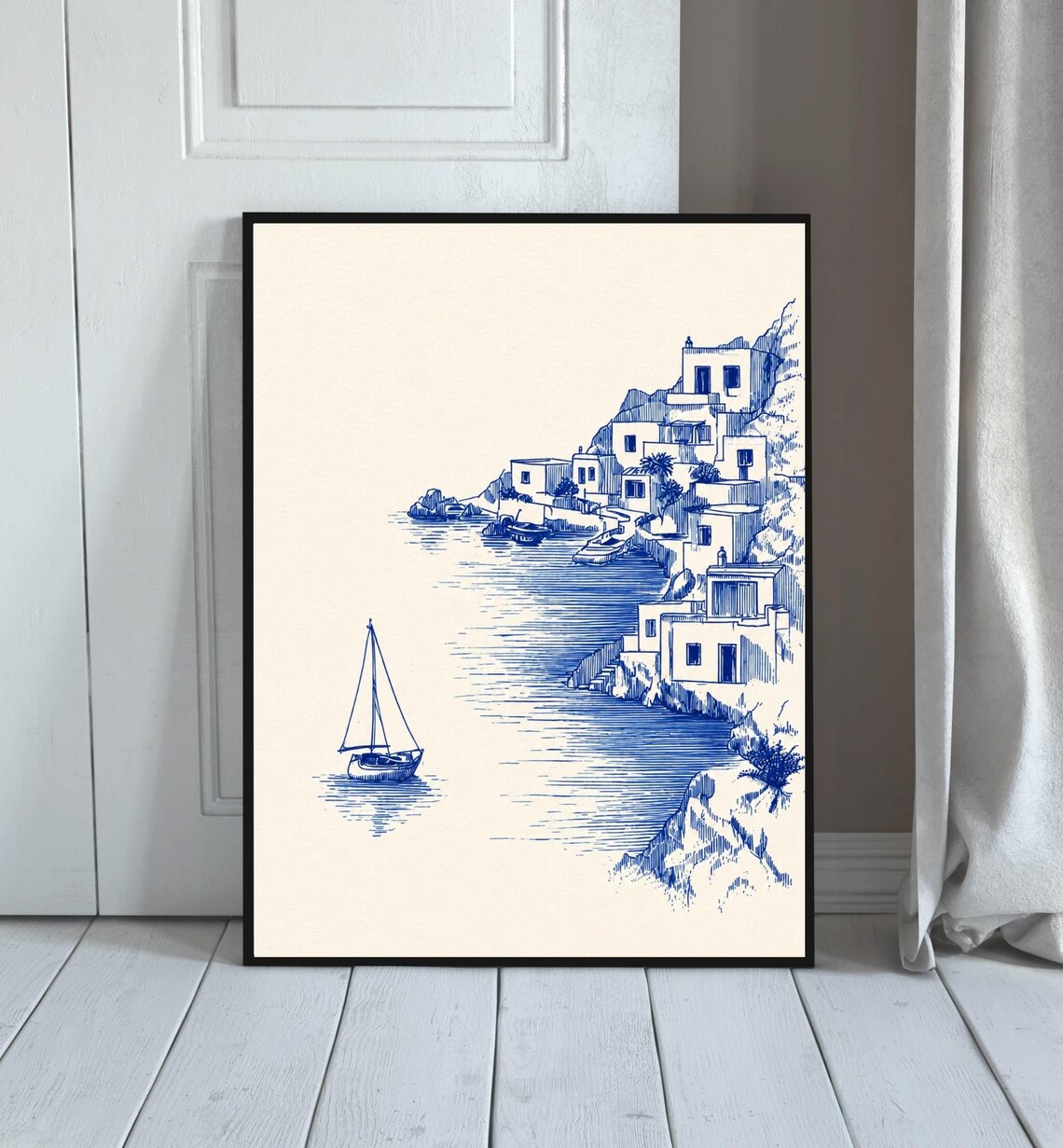 Blue Coastal Village Retro Mediterranean Art Print