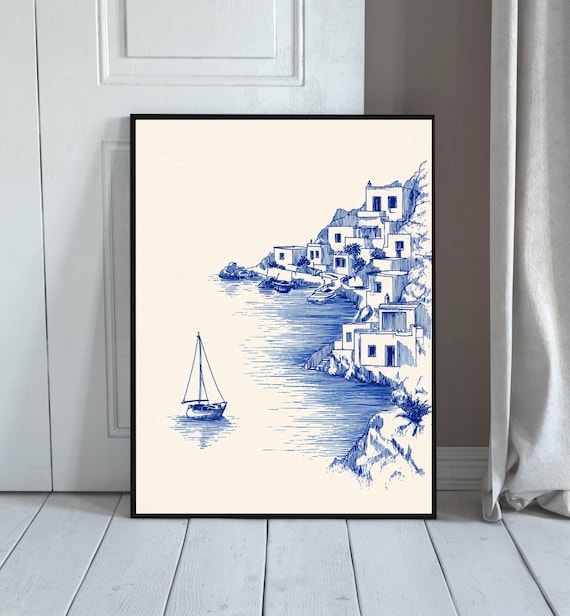 Blue Coastal Village Retro Mediterranean Art Print