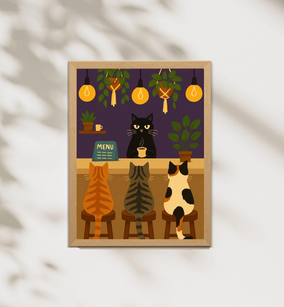 Cat Cafe Art Print Cozy Kitchen Decor Black Bartender Coffee Loving Cats Purple Wall