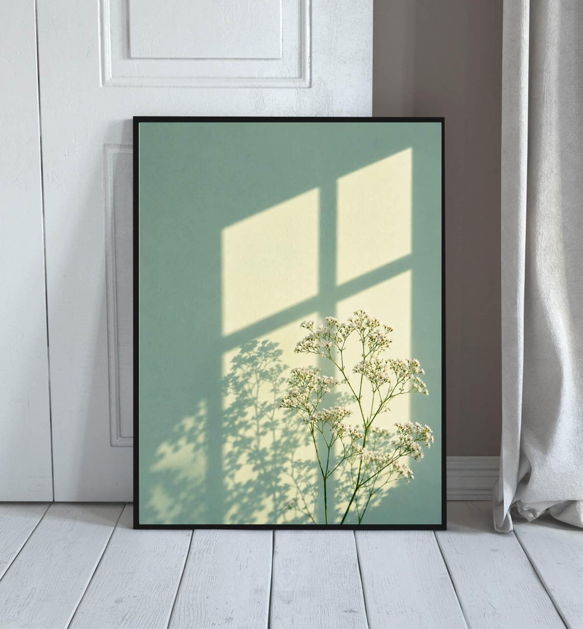 Sunlit Window Shadow With White Flowers On Sage Green Poster