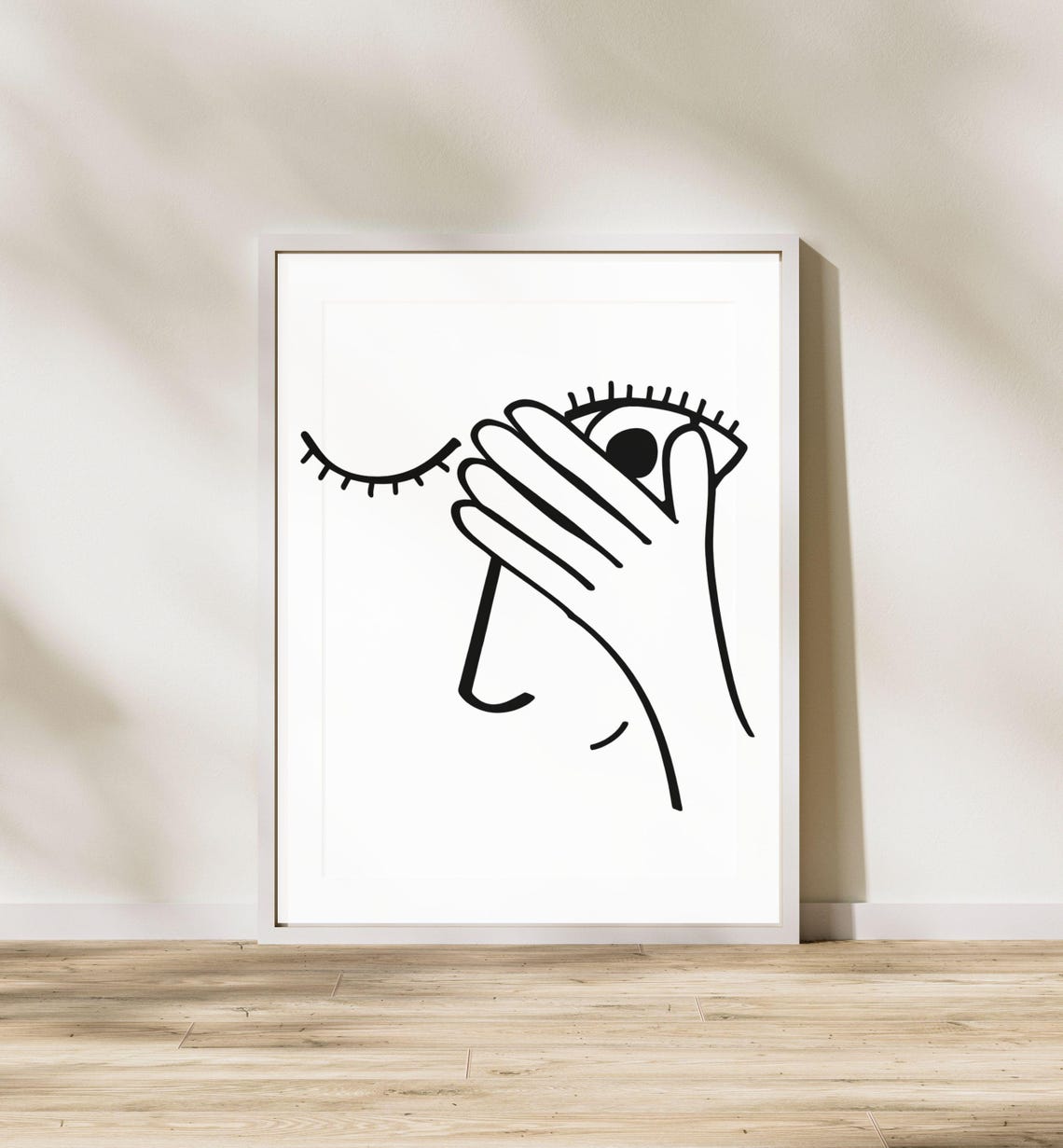Abstract Face Hand Covering Eye Minimalist Black White Line Art Poster