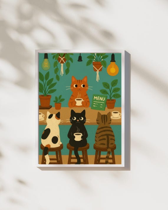 Cats Cafe Poster Print, Retro Kitchen Decor