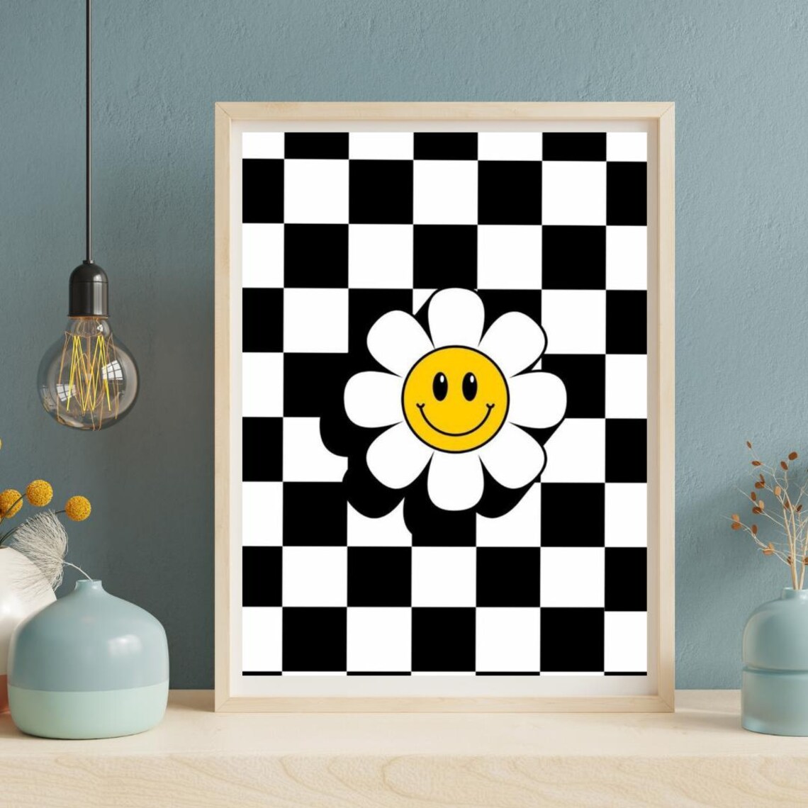 Smiley Daisy Wall Art Retro Flower Poster With Checkerboard Print Instant Highquality Sizes