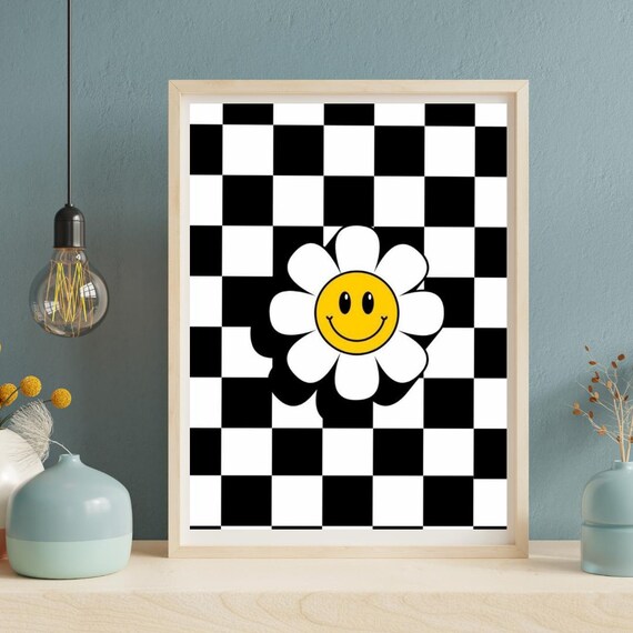 Smiley Daisy Wall Art Retro Flower Poster With Checkerboard Print Instant Highquality Sizes