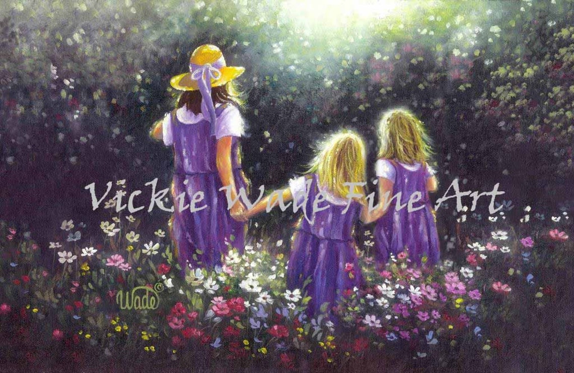 Three Girls In Purple Dresses Walking Through Wildflower Meadow Poster