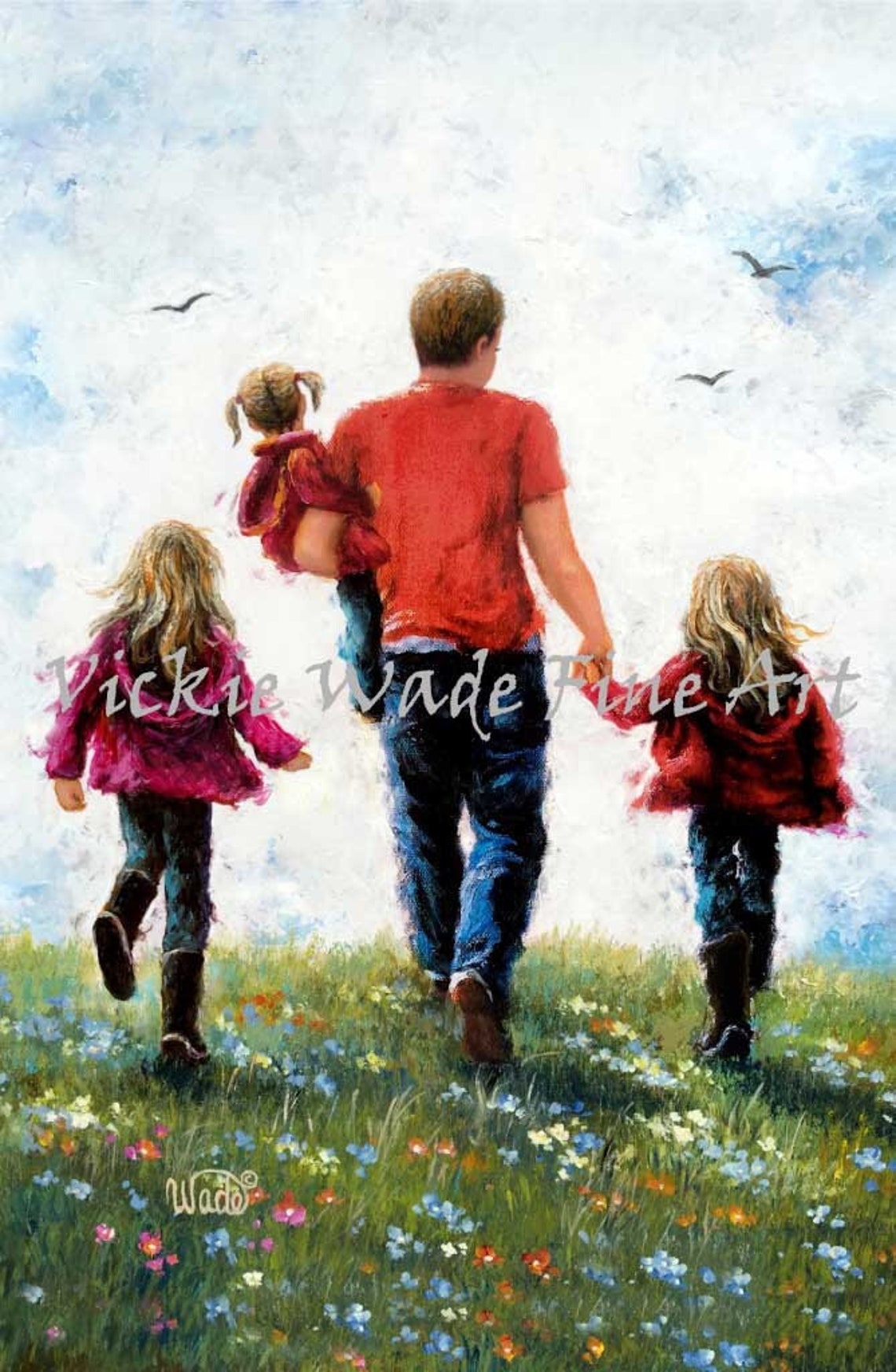 Father and Three Daughters Walking Through Wildflowers Poster