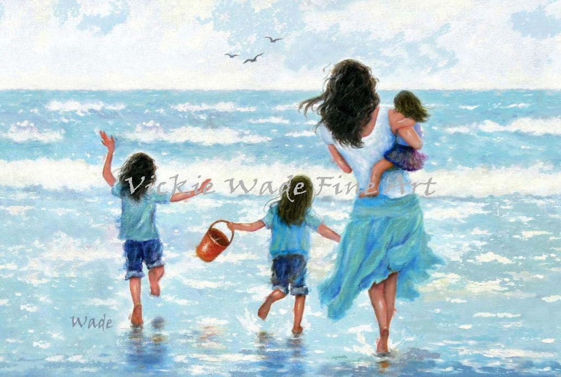 Mother And Three Daughters Running Into Ocean Waves Together Poster