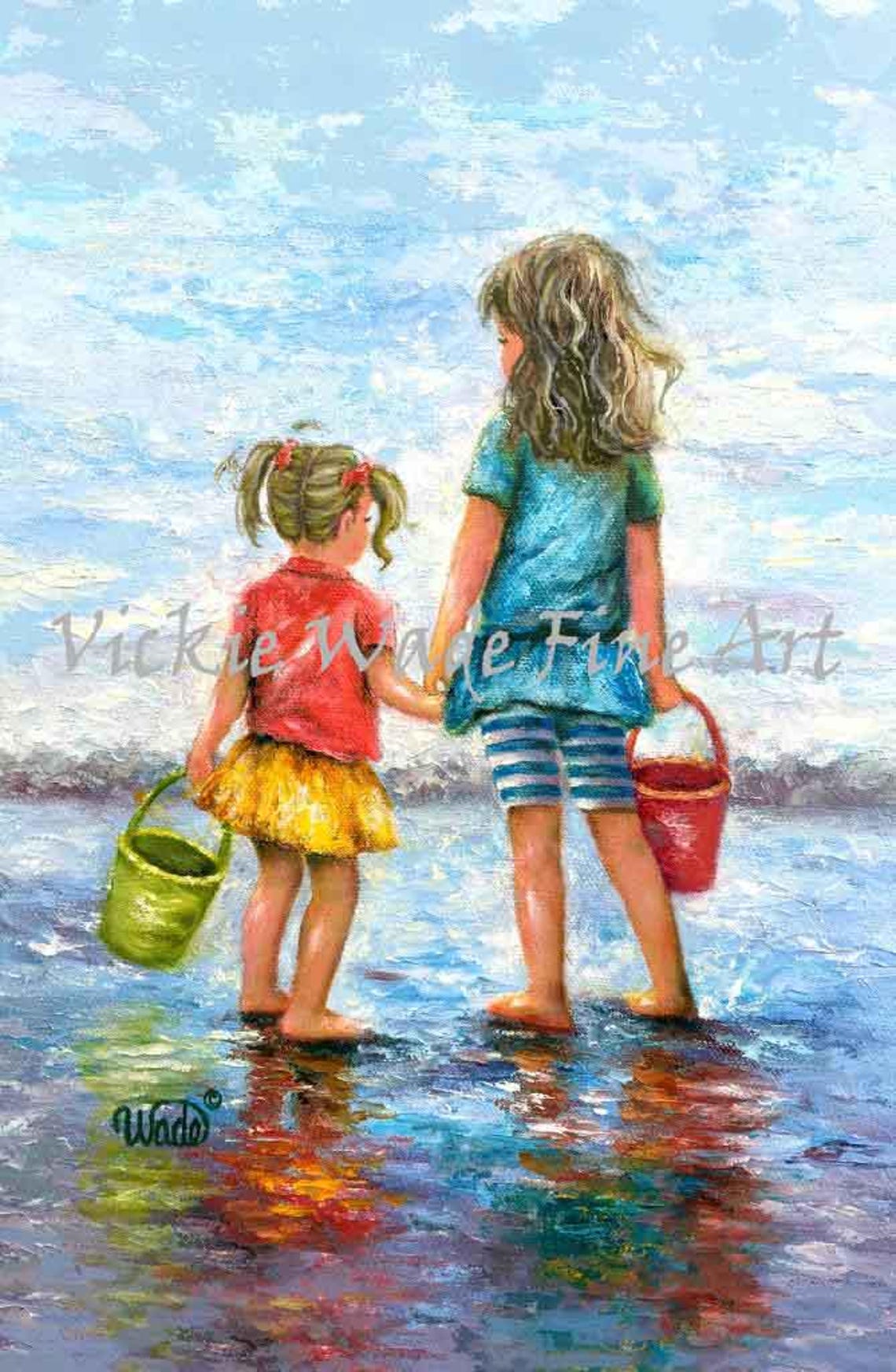 Two Little Sisters Holding Hands on the Beach With Buckets Poster
