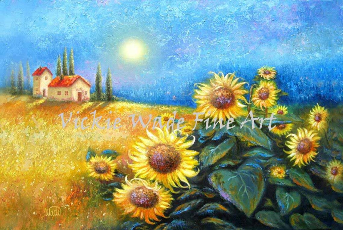 Golden Sunflower Field With Tuscan Villa and Cypress Trees Poster